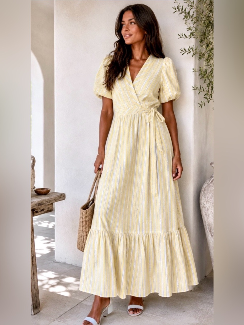 New Draper James Puff Sleeve Striped Maxi Wrap Dress Linen Blend Lemon Stripe XS
